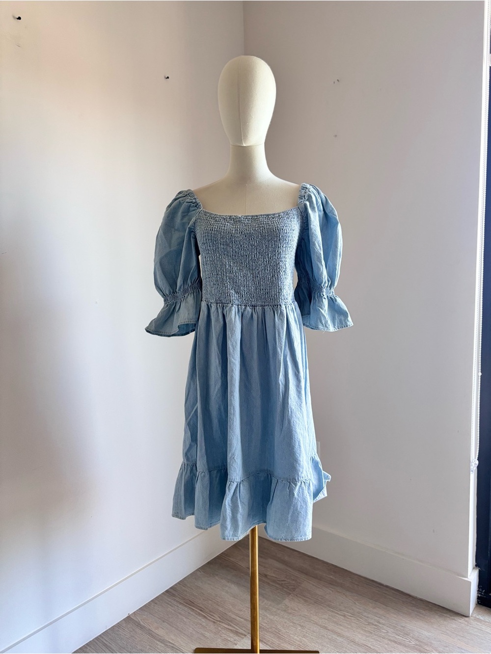 Eloquii Sky Blue Smocked Square-Neck Puff Sleeve Dress